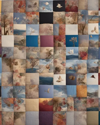 A patchwork quilt floating in the air, each square showing a different life memory or future possibility, representing life's interconnected experiences.