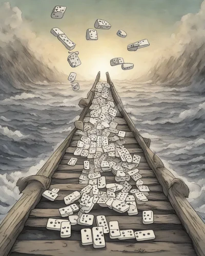 A series of unfortunate events depicted as dominos falling, but forming a bridge to something positive, symbolizing resilience.