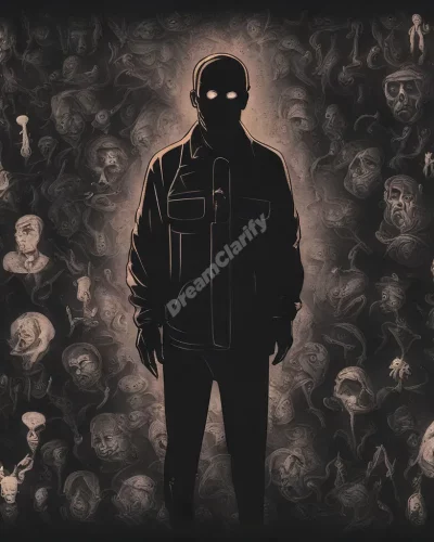 A shadowy figure representing a serial killer, surrounded by fear symbols.