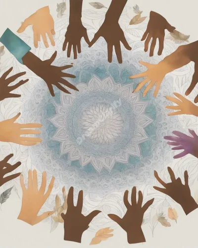 Hands reaching out to form a circle, creating a mandala of dream symbols within, representing community in gathering dreams.