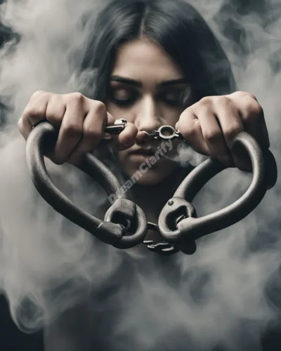 Handcuffs made of smoke, partially restraining a dreamer but also unlocking new doors, symbolizing limitations and freedom.