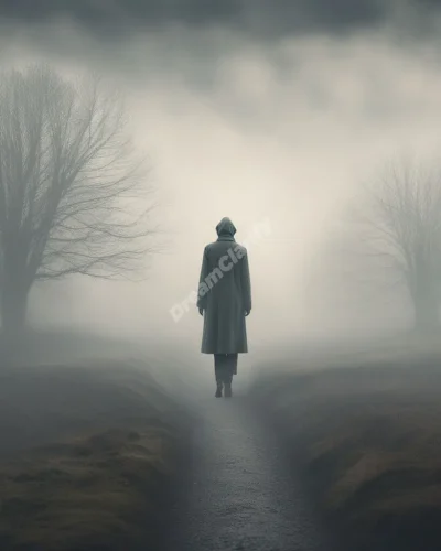 A figure wandering through a foggy landscape, representing confusion and loss of memory in dementia dreams.