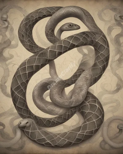 Harmless snakes intertwining to form a DNA-like structure, each scale revealing a different aspect of the dreamer's life, symbolizing transformation and wisdom.