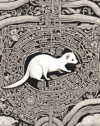 A playful ferret weaving through a maze of dream symbols, representing curiosity and resourcefulness in navigating life's challenges.