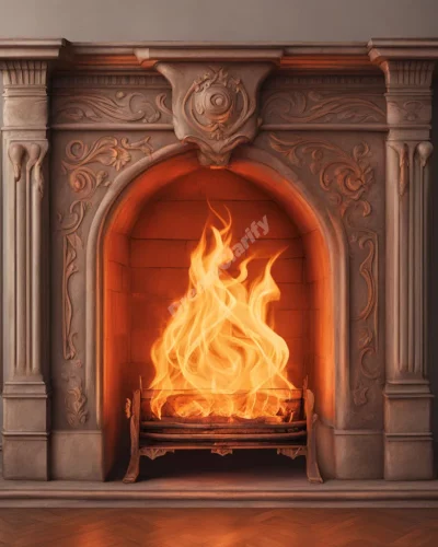 A fireplace with flames forming dream symbols, representing warmth and transformation.