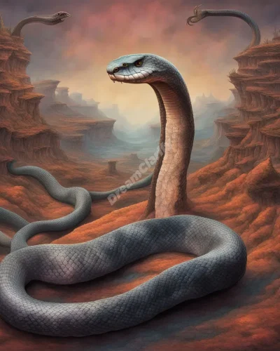 A king cobra slithering through a surreal landscape, its scales reflecting hidden fears and instincts.