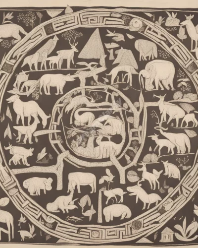 A kraal with animals and dream symbols, representing community and protection.