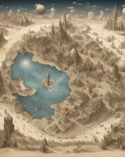 A map unfolding to reveal a three-dimensional dreamscape, with landmarks representing life events, symbolizing life's journey and direction.