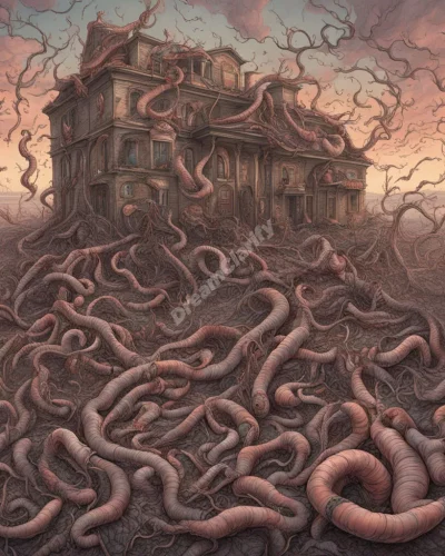 Worms crawling through a dreamscape, representing decay.