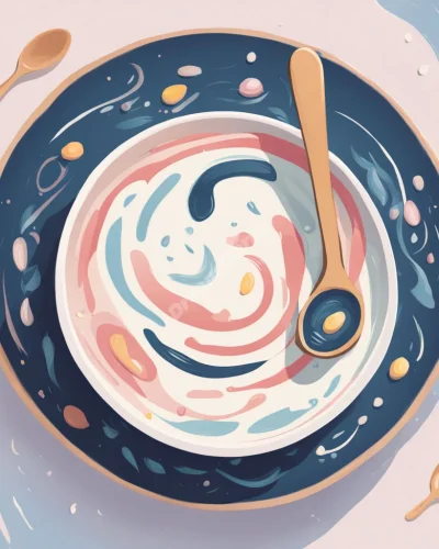 A spoon stirring a bowl of yogurt, revealing swirling dream symbols, representing nourishment and gut feelings.