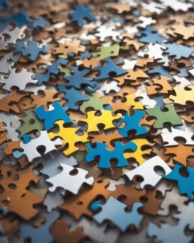 Puzzle pieces forming a larger dream image, representing life's complexities and problem-solving.