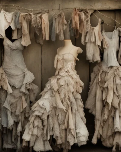 Tattered rags transforming into elegant garments, representing transformation and hidden value in dreams.