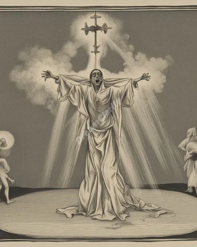 A figure performing an exorcism, casting out dark symbols.