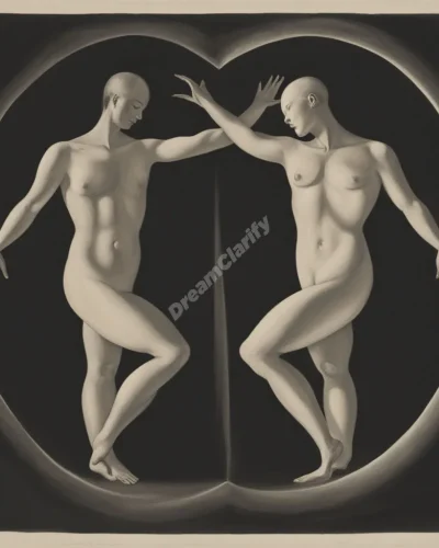 A figure split in two, one side dark and one light, merging and separating in a dance, representing the duality of human nature.