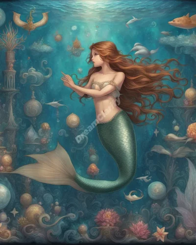 A mermaid swimming through a dream ocean, surrounded by enchanting symbols.