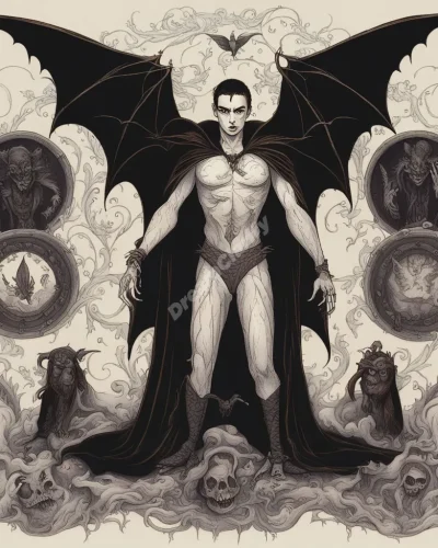 A vampire figure transforming between bat and human form, surrounded by symbols of desire and fear.