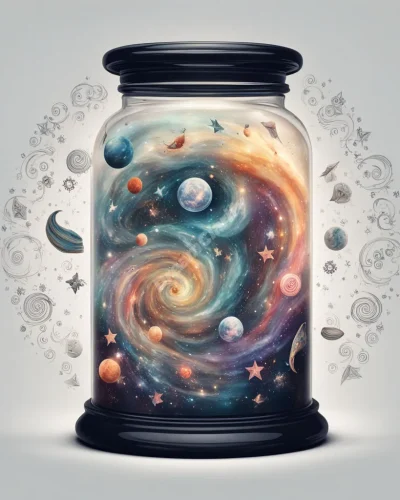 A glass jar containing a miniature, swirling universe of dream symbols, representing contained potential.