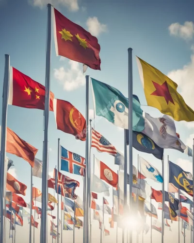 Flags waving with dream symbols, representing identity.