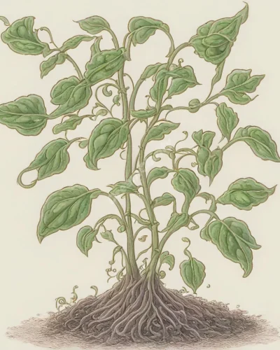 Bean plants growing rapidly, forming a beanstalk to different dream realms, representing growth and magical possibilities.