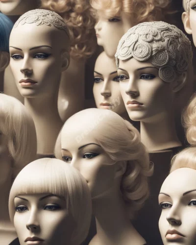 Wigs made of dream symbols on mannequin heads, representing identity and disguise.