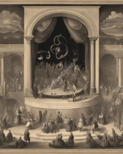 A stage with musicians playing dream symbols, representing performance.