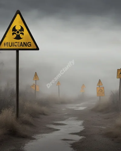 Warning signs emerging from a misty landscape, symbolizing danger in hazardous dreams.