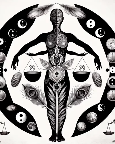 A hermaphrodite figure surrounded by balance symbols.