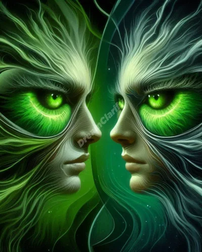 Green-eyed figures transforming into mirrors, reflecting the dreamer's deepest desires, representing envy in jealousy dreams.