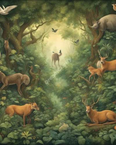 A lush forest scene with plants and animals morphing into dream symbols, representing the interconnectedness of nature.