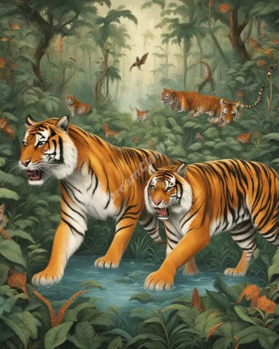 Tigers prowling through a jungle of dream symbols, representing power and instincts.