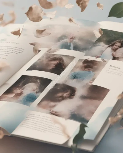 A yearbook floating in a dreamy space, its pages turning to reveal different life moments, symbolizing memories and personal growth.