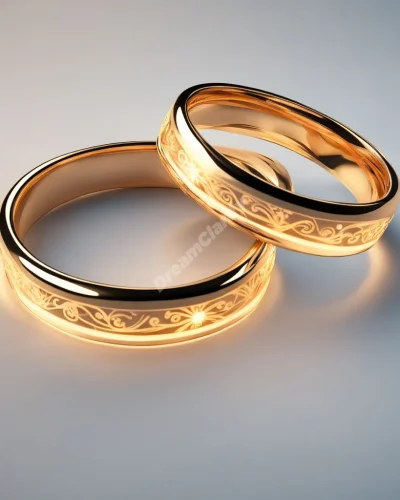 Wedding rings glowing with love symbols, representing commitment and connection in marriage dreams.