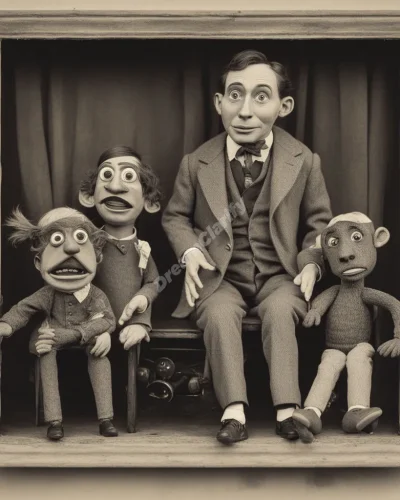 A ventriloquist figure with puppets revealing hidden desires and fears, representing communication and expression.