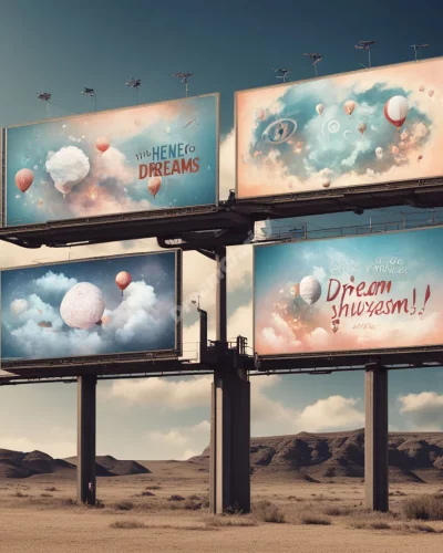 Billboards displaying dream symbols, representing messages in advertisement dreams.