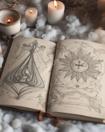 Journals with pages filled with dream symbols, representing reflection.