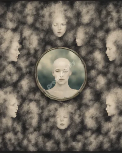 A mirror reflecting multiple versions of the dreamer, each holding a different form of identification, symbolizing self-discovery.