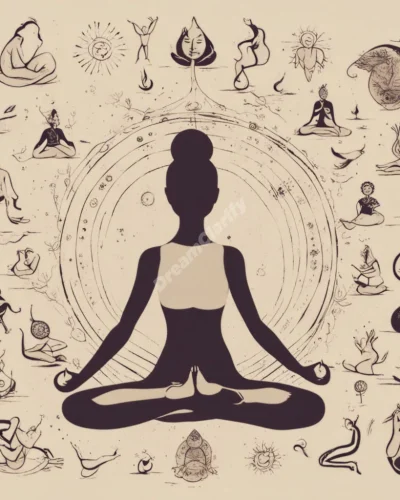 A figure in a yoga pose balancing various aspects of life, represented by symbols, on different body parts.