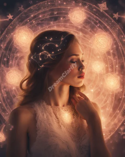 A woman glowing with dream symbols, representing femininity.