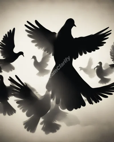 Shadowy figures dissolving into doves, symbolizing the transformation of fear in terrorist dreams.