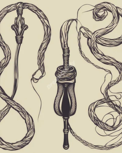 A whip transforming into various dream symbols, representing discipline and control.