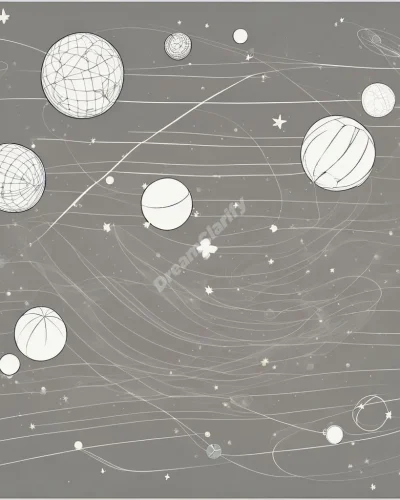 Various balls bouncing and colliding in a zero-gravity space, each leaving trails of dream symbols.