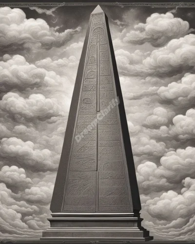 An obelisk etched with hieroglyphics of dream symbols, reaching into swirling clouds, representing ancient wisdom.