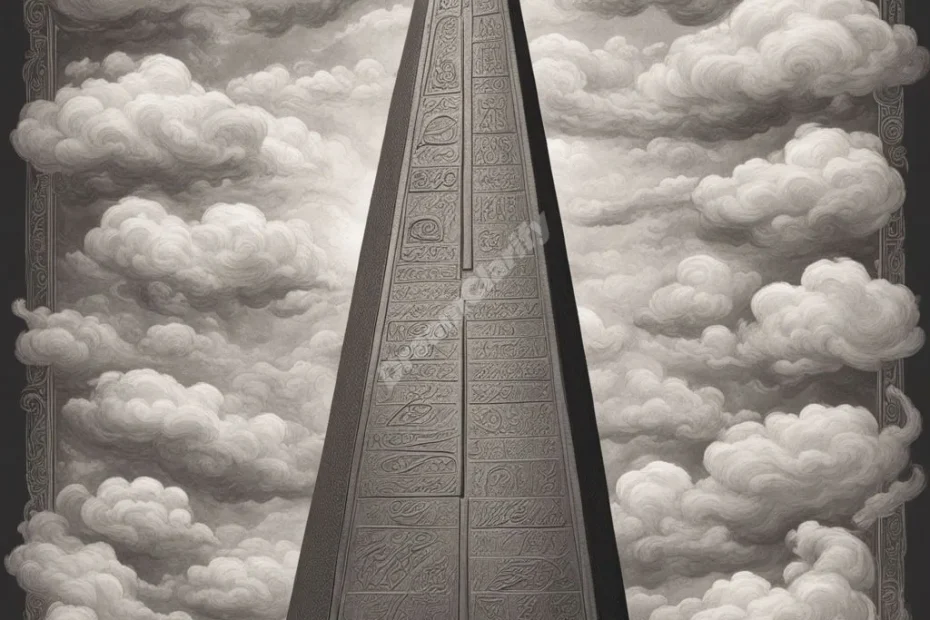 An obelisk etched with hieroglyphics of dream symbols, reaching into swirling clouds, representing ancient wisdom.