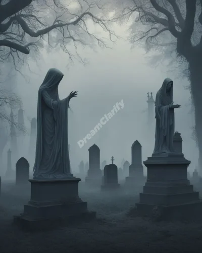 Ethereal undead figures revealing hidden truths or unresolved issues in a misty graveyard setting.