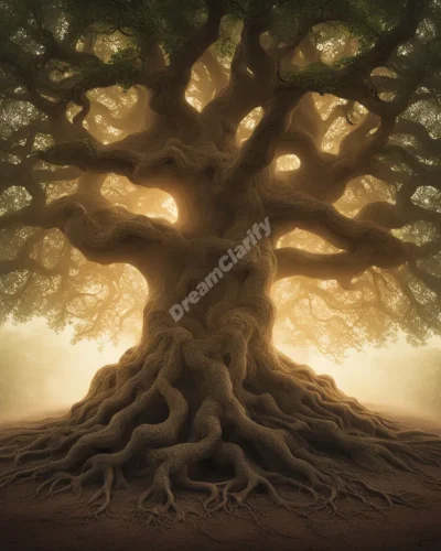 A majestic oak tree with glowing, ethereal roots extending deep into the earth, symbolizing strength, wisdom, and hidden knowledge.