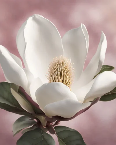 A magnolia flower blooming to reveal a hidden dreamscape within its petals, symbolizing beauty and hidden truths.