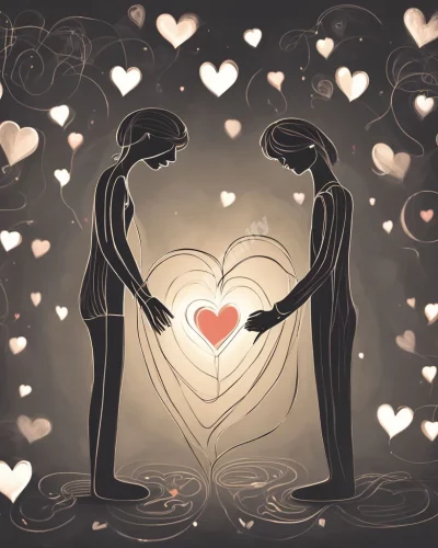 Figures showing affection with glowing hearts, representing love and connection.