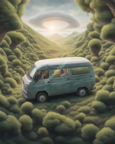 A van driving through transforming landscapes, its windows showing different potential life paths.