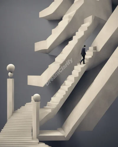 A figure attempting to climb an endless staircase, representing challenges in impossible task dreams.