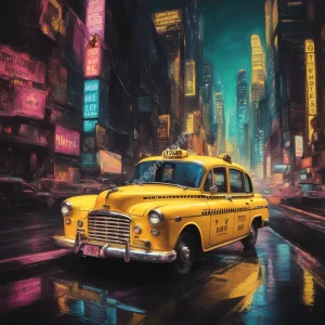 A vintage yellow taxi cab driving through a surreal, neon-lit cityscape, symbolizing life's journey and unexpected destinations.